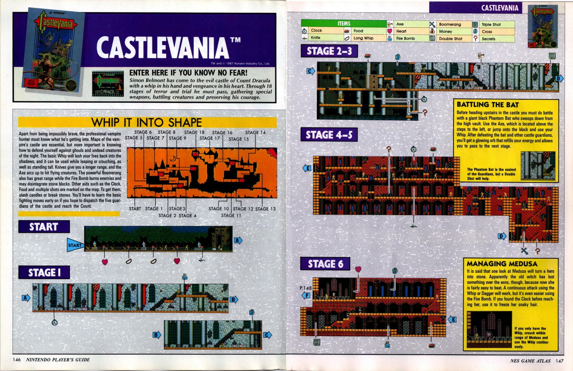 open pages 146 and 147 of the NES Game Atlas, featuring full-color stitched level maps and boss strategy guides for Simon Belmont's grueling trek through Castlevania.