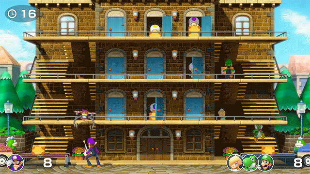 An animated GIF from Mario Party featuring Waluigi, Yoshi, Luigi, and Rosalina sprinting across multi-story apartment balconies in a chaotic door-opening mini-game.