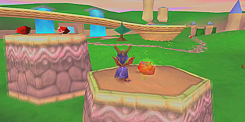 An animated GIF from Spyro the Dragon showing Spyro spinning and gliding around a vibrant 3D platform, snatching up glowing red and gold gems.