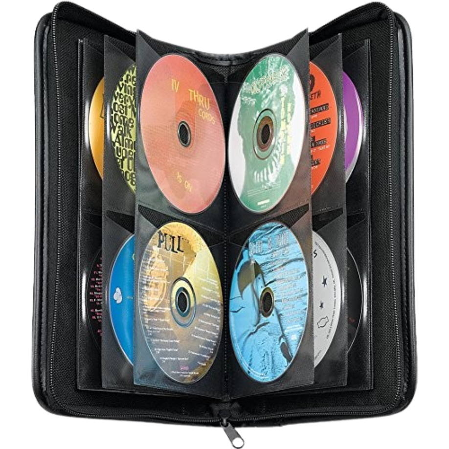 An open black nylon zippered CD binder case displaying two plastic sleeves filled with compact discs, including Winger's Pull album.