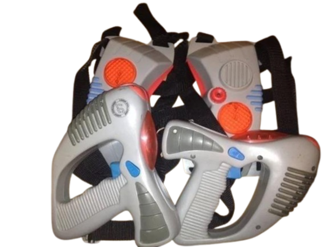 Lazer Tag Sensor Vests and Target Blasters Worlds of Wonder Lazer Tag infrared target blasters and chest sensor harness vests from 1986, ready for high-stakes backyard battles at dusk.