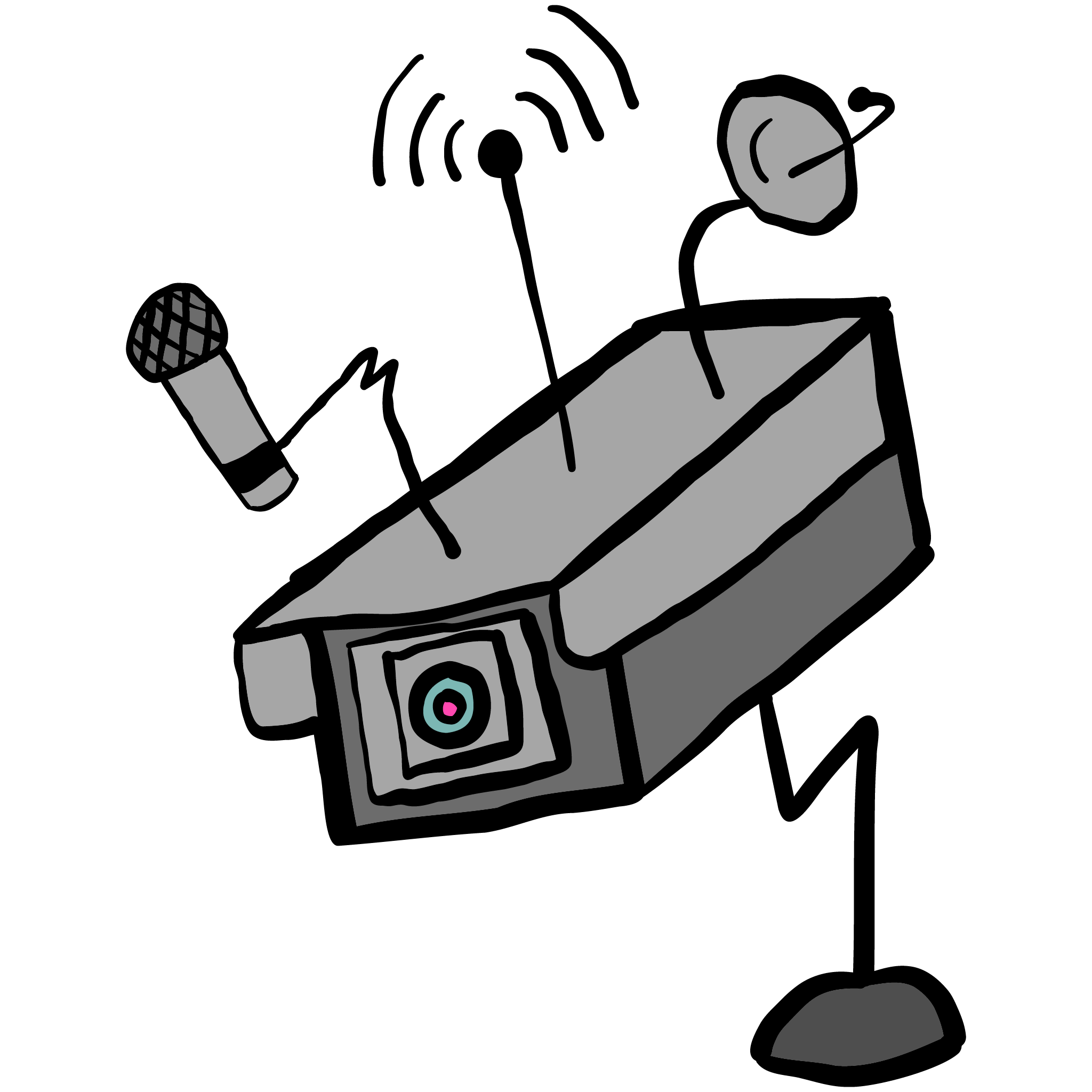 Surveillance camera with microphone, antenna, and satellite dish coming out of the top