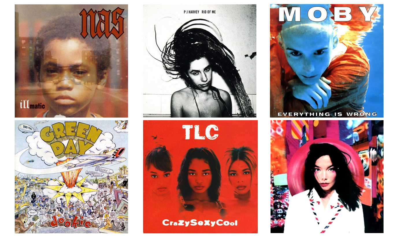 A 6-album grid photo featuring Nas's Illmatic, PJ Harvey's Rid of Me, Moby's Everything Is Wrong, Green Day's Dookie, TLC's CrazySexyCool, and Björk's Post.