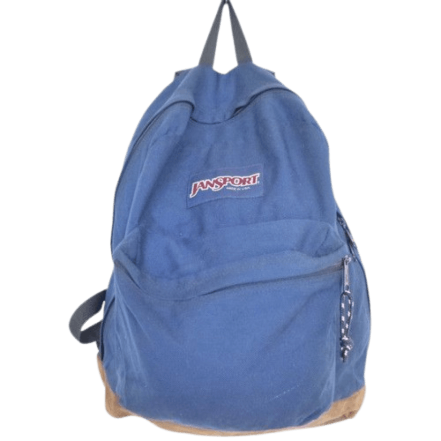 The classic royal blue JanSport backpack with its signature suede leather bottom, hanging key loop, and front zipper pocket—the indestructible heavy-duty bag that carried your entire 90s academic life.