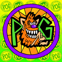 An animated GIF of an official 90s POG mascot disk featuring a grinning orange creature, spinning rapidly over a bright yellow-and-green POG background.