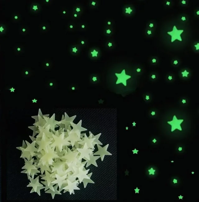 A composite shot of classic light-green plastic glow-in-the-dark ceiling stars, showing a physical pile of unattached stars alongside a pitch-black room illuminated by their soft green luminescence.