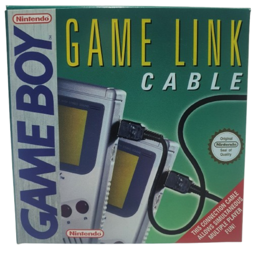 The official green retail box for the Nintendo Game Boy Game Link Cable—the sacred cord that enabled head-to-head Tetris battles and allowed kid-brokered Pokémon Red and Blue trades on school playgrounds.