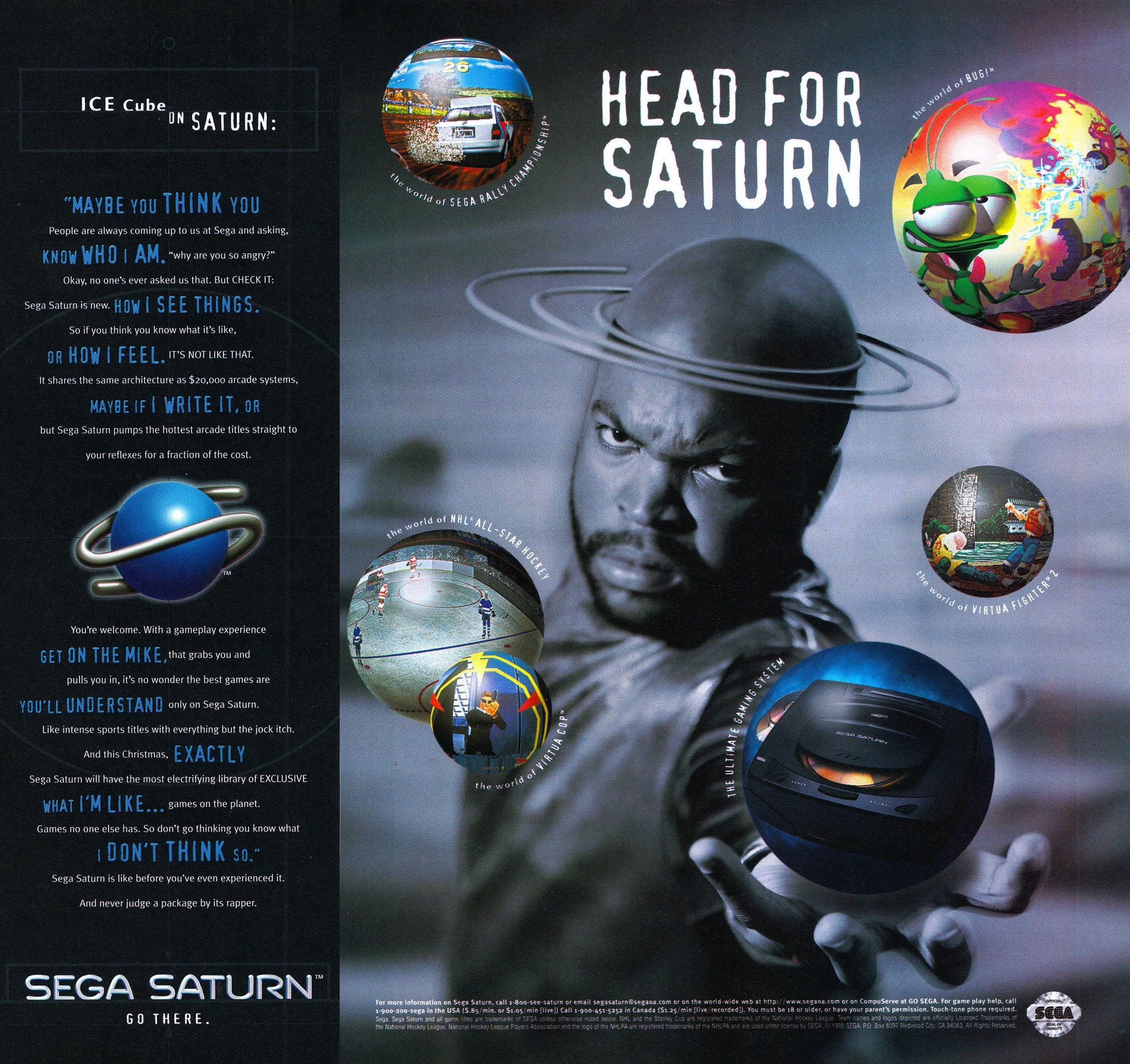A vintage 1995 Sega Saturn print ad starring Ice Cube with planetary rings around his head, holding a glowing Saturn console sphere next to game previews for Sega Rally Championship, Virtua Fighter 2, and Bug!.