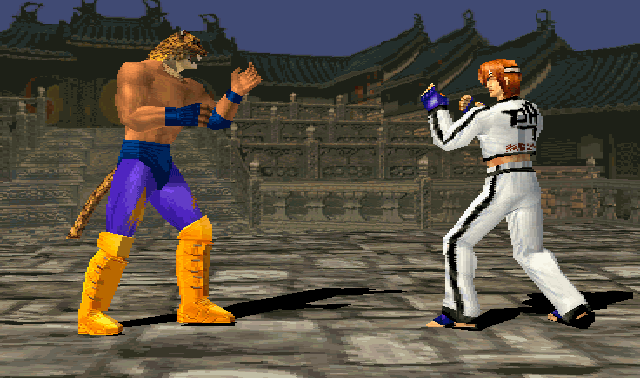 An animated GIF of Tekken 3 showing King in his jaguar mask bouncing in his fighting stance opposite Hwoarang on a stone courtyard stage.