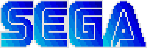 An animated GIF of the iconic 16-bit blue SEGA splash screen, complete with its pixelated color gradient—practically echoing the unforgettably iconic, choir-like 'SAY-GA' sound bite in your head.