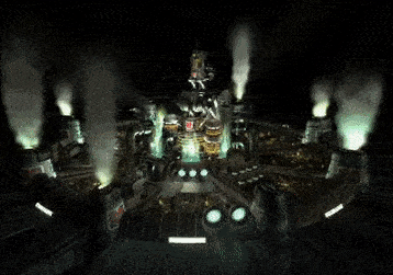 An animated GIF from Final Fantasy VII displaying the iconic pre-rendered FMV opening camera pan down toward the glowing Mako-powered city of Midgar.