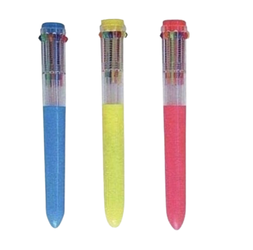 Three 90s multi-color stacking click pens in translucent blue, yellow, and pink, packed with interchangeable gel ink refills and spring-loaded top levers