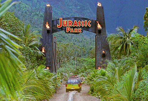 Jurassic park gates opening into the park