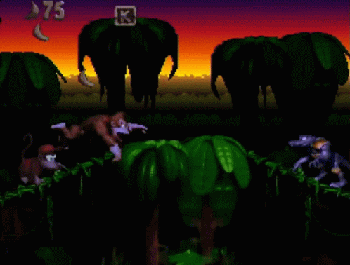 An animated GIF from Donkey Kong Country showing Diddy Kong executing a barrel-roll attack into a Kritter against a lush, pre-rendered 16-bit sunset jungle background.