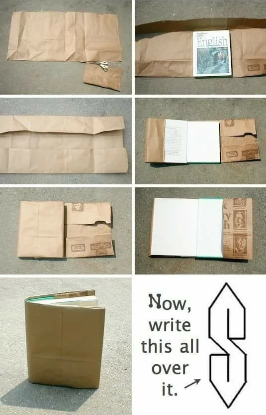 A step-by-step instructional diagram for folding a brown paper grocery bag into a required school textbook cover, complete with the final step: drawing the Cool S symbol all over it.