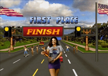 arcade victory screen from Cruis'n USA, featuring the pixelated trophy girl walking toward the camera at the finish line under giant 'FIRST PLACE' text.