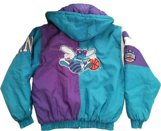 vintage 90s Charlotte Hornets Starter brand hooded pullover jacket in color-blocked teal, purple, and white nylon featuring Hugo the Hornet.