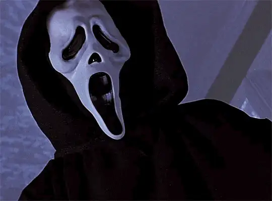An animated GIF from Scream showing Ghostface in his dark hood and iconic elongated white mask lurching rapidly down toward the camera in a terrifying, close-up jump scare.