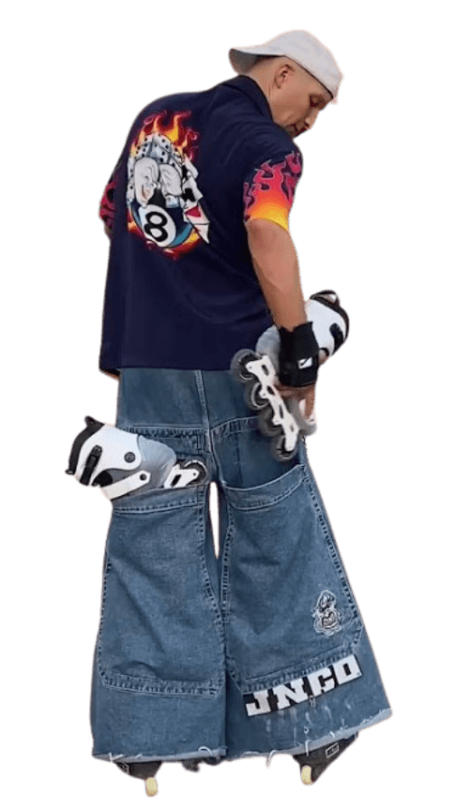 A 90s street skater wearing a navy blue '8-Ball' graphic polo t-shirt, extremely wide-leg JNCO jeans, and Rollerblade inline skates slung over his shoulder.