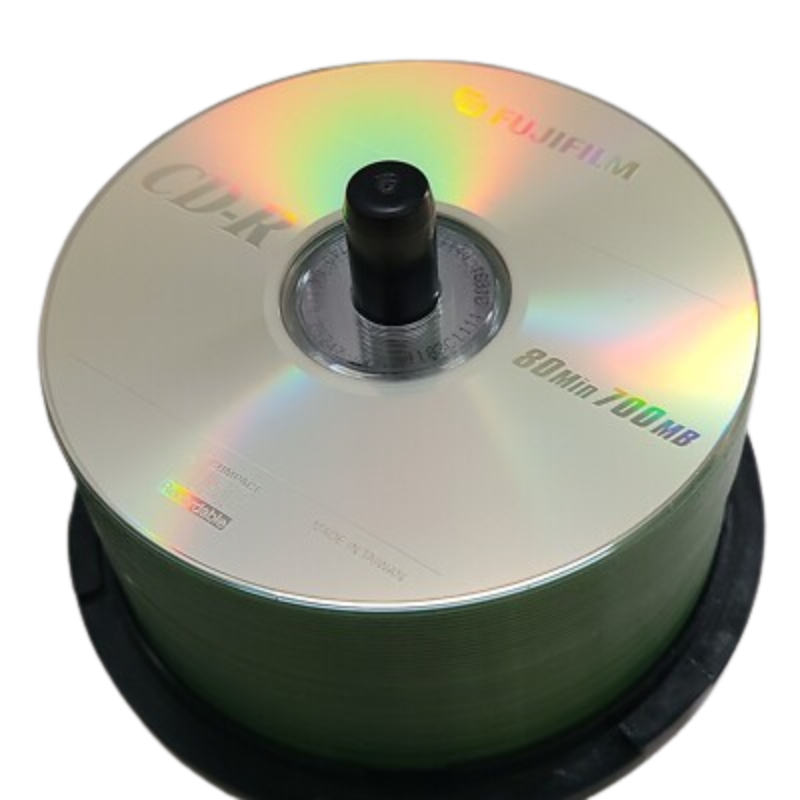 A 50-disc spindle stack of blank 80-minute FujiFilm 700MB CD-Rs showing off their rainbow holographic sheen under direct light—the staple of late-90s mixtape burning.