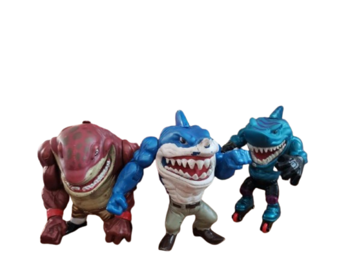 Street Sharks Action Figures Lineup Mattel 1990s Street Sharks action figures including Jab, Ripster, and Big Slammu showing off their rock-hard jawlines and rubbery fins.