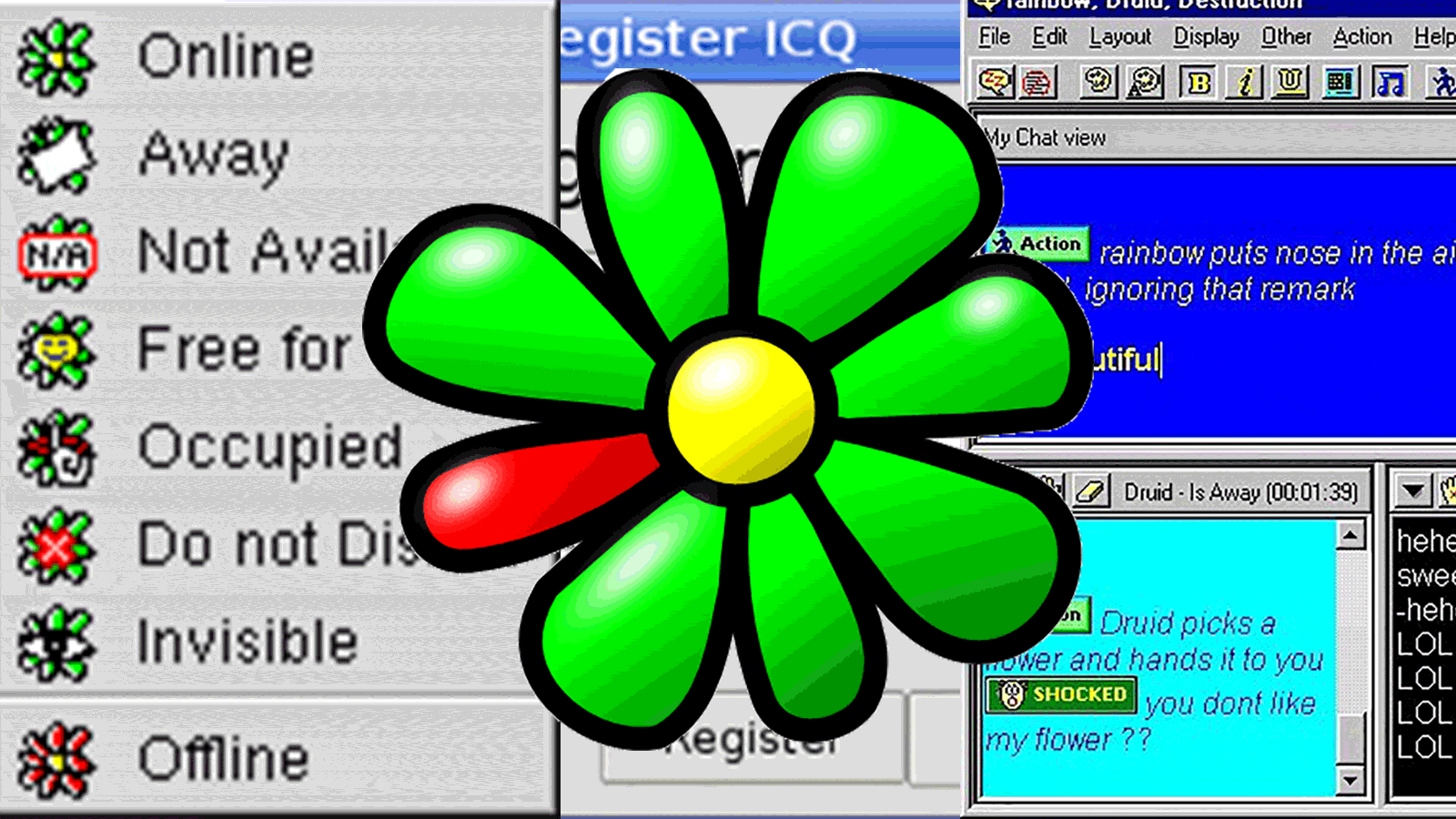 The ICQ instant messenger status dropdown menu paired with its iconic green-and-red flower logo, capturing the early days of desktop chat rooms and "Uh-oh!" notification sounds.
