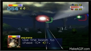 An animated GIF from Star Fox 64 showing Peppy Hare's portrait popping up on screen with the classic advice, 'Use the boost to chase (C+Up),' during an intense dogfight over Corneria.