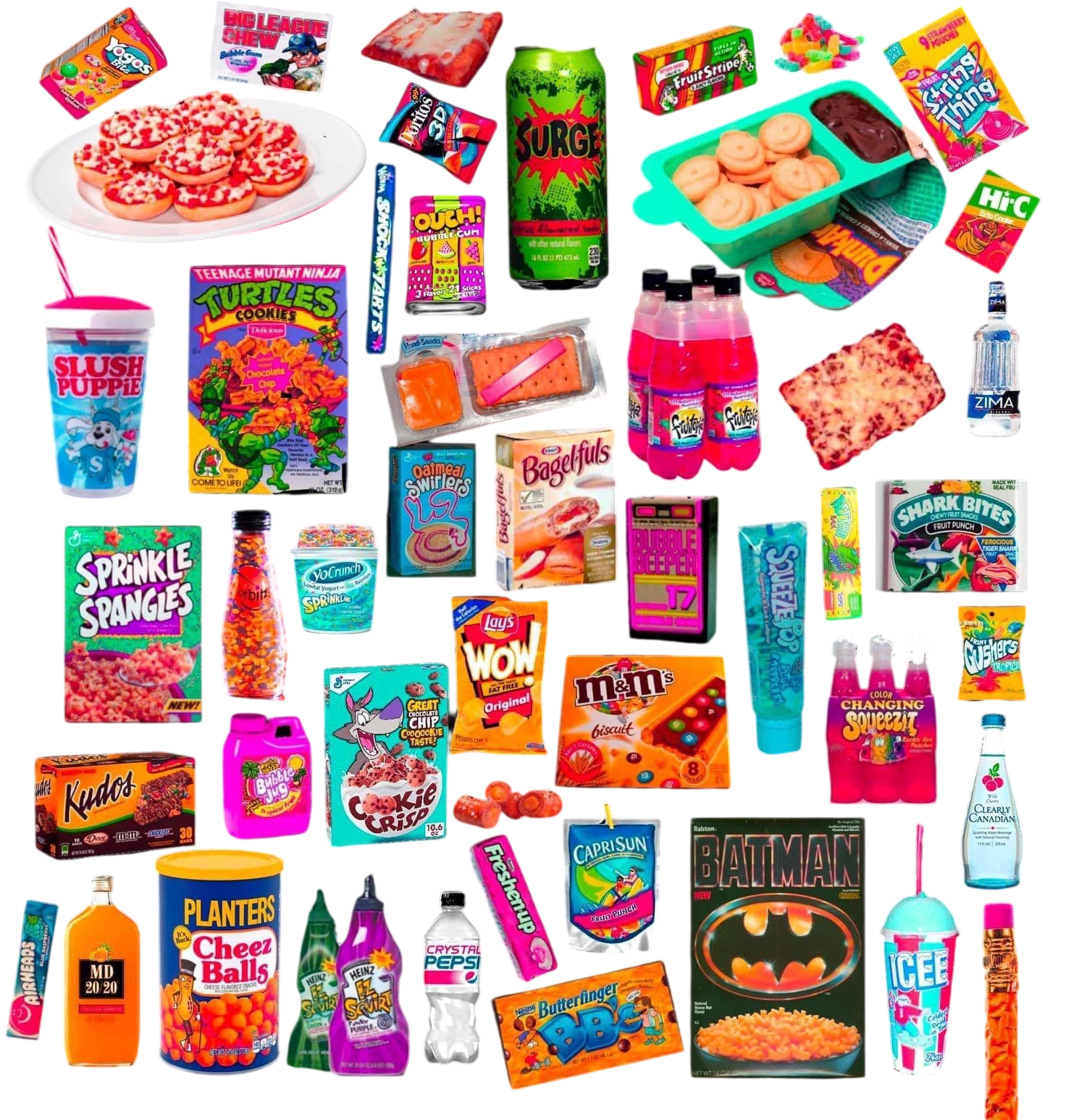 A massive kitchen counter spread of ultimate 90s junk food, including Dunkaroos with chocolate dip, a tall green can of Surge, Shark Bites fruit snacks, and a plate of Lunchables pizza mini-dishes.