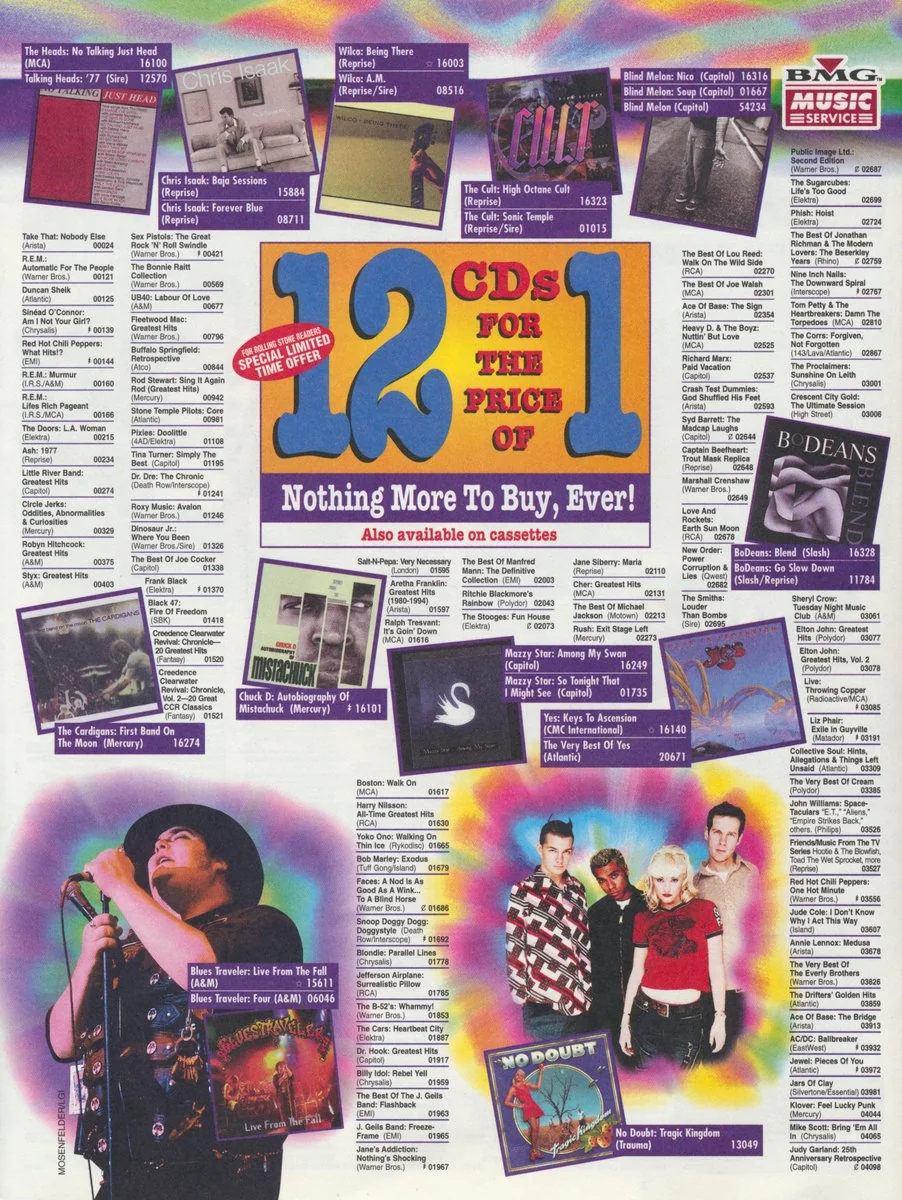 A vintage magazine mail-in print advertisement for BMG Music Service offering "12 CDs for the price of 1," featuring album covers for No Doubt, Blues Traveler, The Cardigans, and Snoop Dogg.