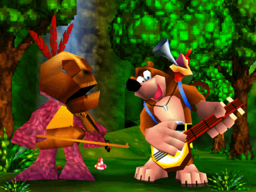 An animated GIF from Banjo-Kazooie showing Banjo plucking his banjo alongside Mumbo Jumbo jamming on a violin inside a low-poly N64 forest environment.