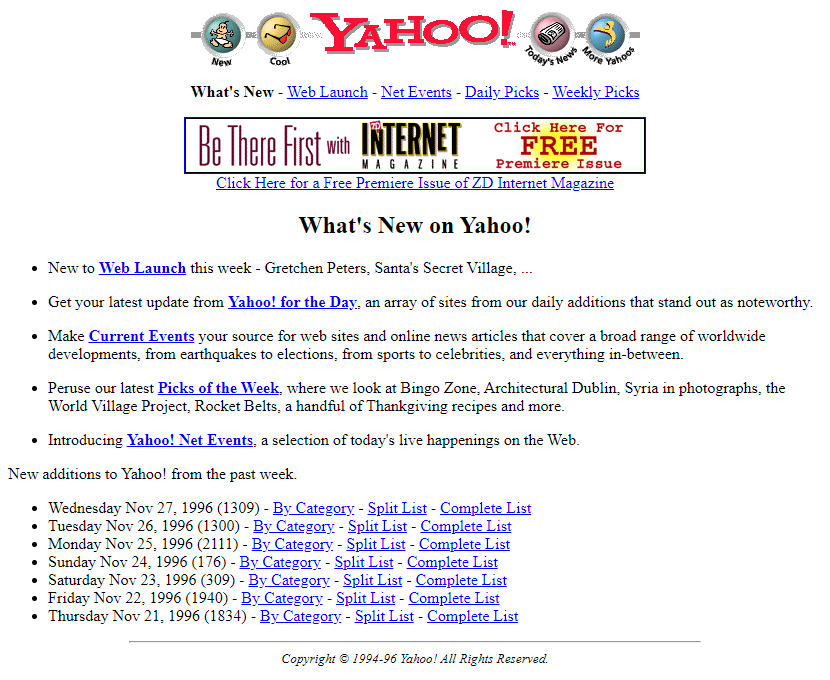 The classic 1996 Yahoo! homepage featuring the red exclamation-point logo, a top banner ad for ZD Internet Magazine, and a curated web directory of categories.