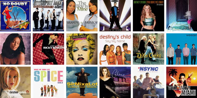 A collage of defining 90s music releases, including No Doubt's Tragic Kingdom, Brandy and Monica's The Boy Is Mine, Ricky Martin's Livin' la Vida Loca, and Destiny's Child's Say My Name, among other era hits.