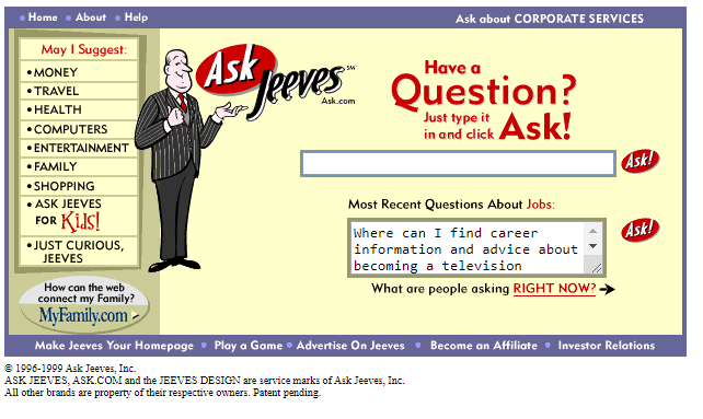 late-90s Ask Jeeves search engine home page, featuring the dapper cartoon butler Jeeves standing beside the search bar ready to answer natural-language questions.