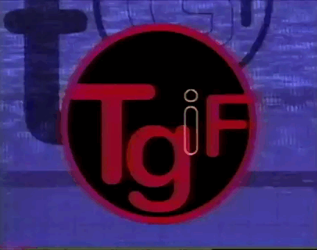 dark red and crimson 'TGIF' circular logo spinning over a glitchy blue CRT video scanline background.