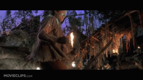 An animated GIF from Hook showing Rufio (Michael Bower) and the Lost Boys engaging in an explosive, colorful imaginary food fight in their treetop hideout.