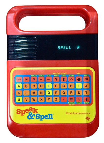 Texas Instruments Speak & Spell Original Texas Instruments Speak & Spell educational toy featuring its iconic red plastic carrying-handle body, green VFD screen displaying "SPELL A", and yellow membrane keyboard.