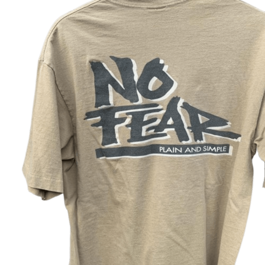 A pair wearing heat-sensitive Global Hypercolor t-shirts that change color when touched, next to a classic beige t-shirt printed with the aggressive 90s 'No Fear' logo.