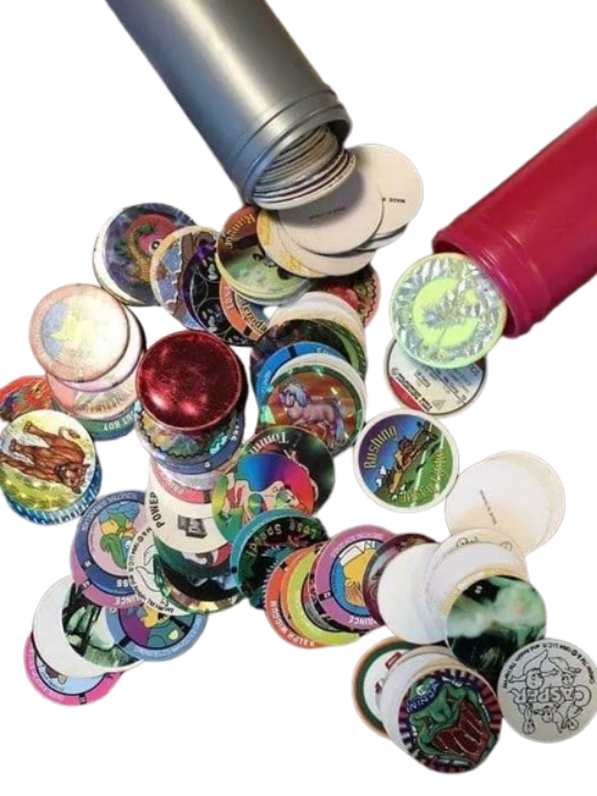 An extensive still life image of diverse POG collections and storage. Scattered on the geometric pattern background are numerous POGs with varied 90s graphics, along with a stack of POGs partially spilled from a large grey storage tube (labelled 'POG') and another clear plastic storage tube full of brightly colored POGs.