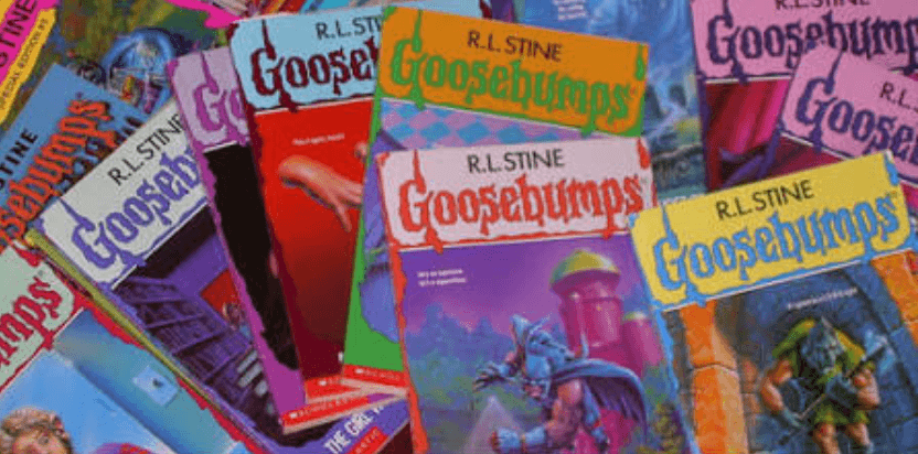 original R.L. Stine Goosebumps paperbacks displaying their famous dripping-font logos and spooky cover art, guaranteed to ignite horror-obsessed reading marathons at bedtime.