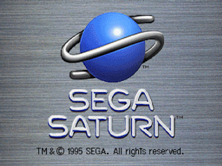 An animated GIF of the 1995 Sega Saturn boot sequence, featuring metallic 3D letters forming 'SEGA SATURN' beneath a spinning blue planet against a brushed-metal background.