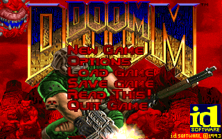 An animated GIF of the original 1993 DOOM title screen, showing the classic red menu overlay over Doomguy fighting off a horde of demons and a floating Cacodemon.