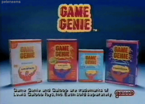An animated GIF from a classic Galoob TV commercial displaying Game Genie pass-through cheat cartridges boxed for NES, SNES, Genesis, and Game Boy—the ultimate 90s playground god-mode tool.