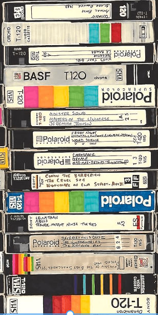 A stack of retro Sony and rainbow-labeled Polaroid blank T-120 VHS tapes with handwritten ink labels recording classic movies like Monster Squad, Weird Science, Nightmare on Elm Street Part II, and Teenage Mutant Ninja Turtles.
