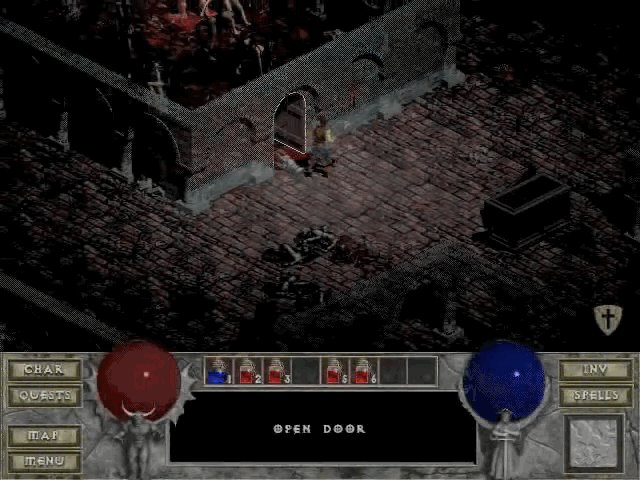 An animated GIF from the original 1996 Diablo showing a rogue character cautiously opening a wooden archway door inside the blood-soaked, isometric cathedral level.