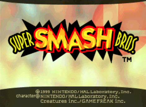 An animated GIF of the original 1999 Nintendo 64 Super Smash Bros. title screen, featuring the bold yellow-and-red comic book logo flashing over a high-energy background.
