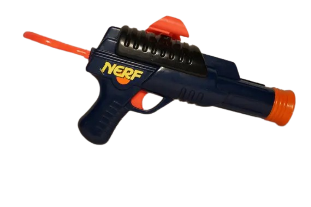 A cutout photograph of a dark blue and orange 1990s Nerf Sharpshooter dart gun over a black background.