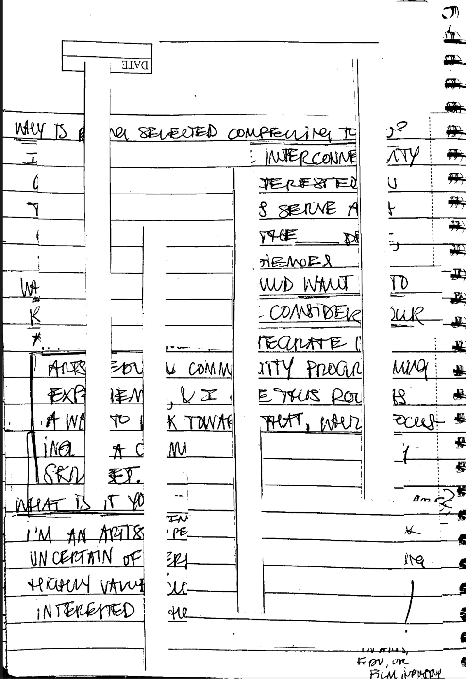 black and white scan of a notebook with strips and blocks of paper interrupting the underlying, handwritten text. black and white scan of a notebook with strips and blocks of paper interrupting the underlying, handwritten text.