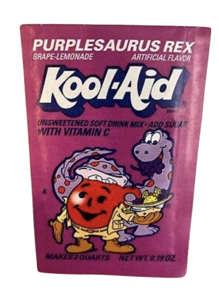 Purplesaurus Rex Kool-Aid Packet Vintage unsweetened Purplesaurus Rex Kool-Aid packet featuring the Kool-Aid Man dressed as an explorer alongside a friendly purple dinosaur mascot.