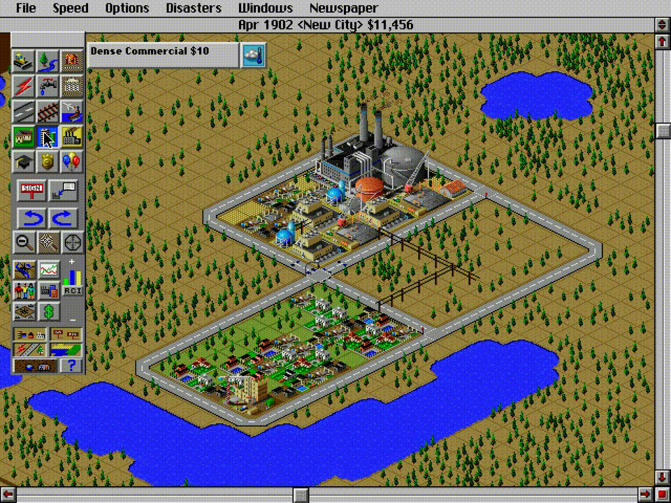 An animated GIF of SimCity 2000 showing an early industrial and residential grid zone powered by a local power plant, complete with the classic isometric toolbar interface.