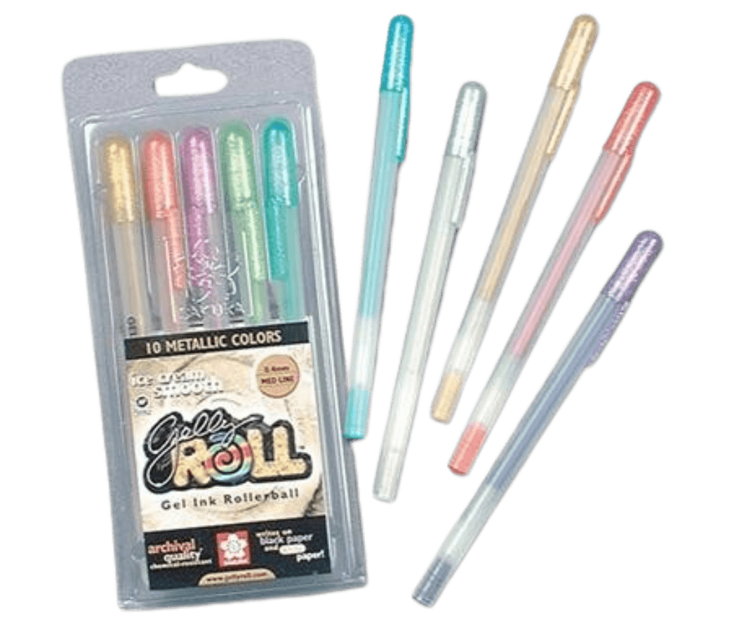 Sakura Gelly Roll Metallic gel pens alongside loose pastel pens, the holy grail of 90s stationery for scribbling shiny notes, doodling on dark paper, and decorating your school binder.